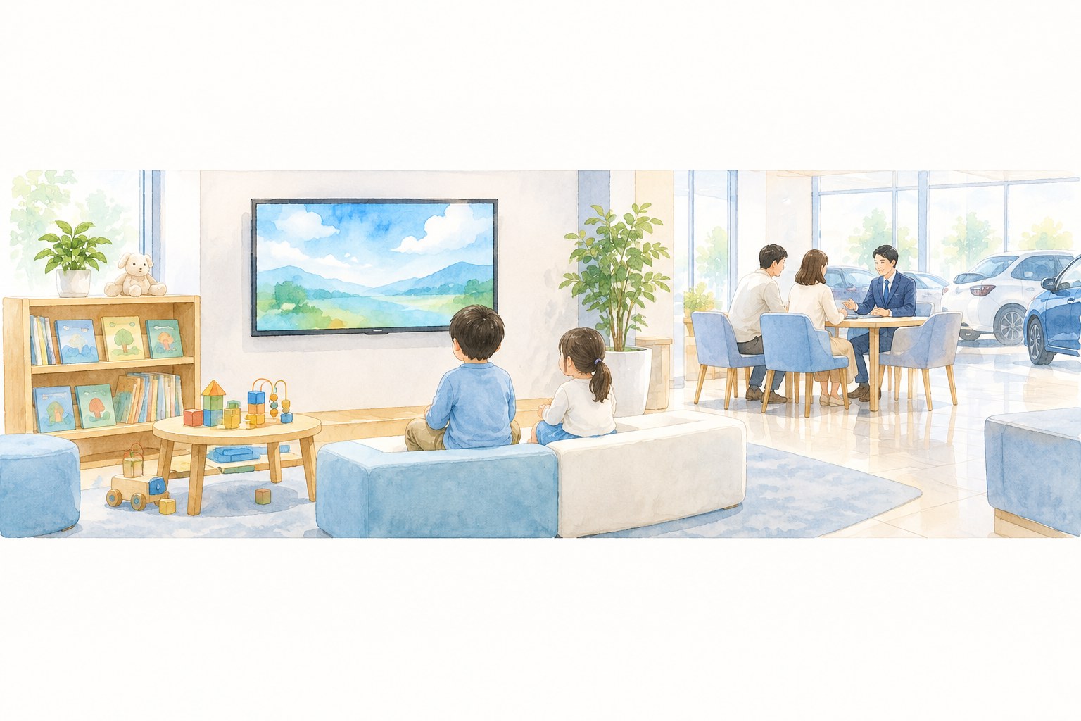 キッズルームで映像や絵本を楽しみながら保護者を待つ子ども