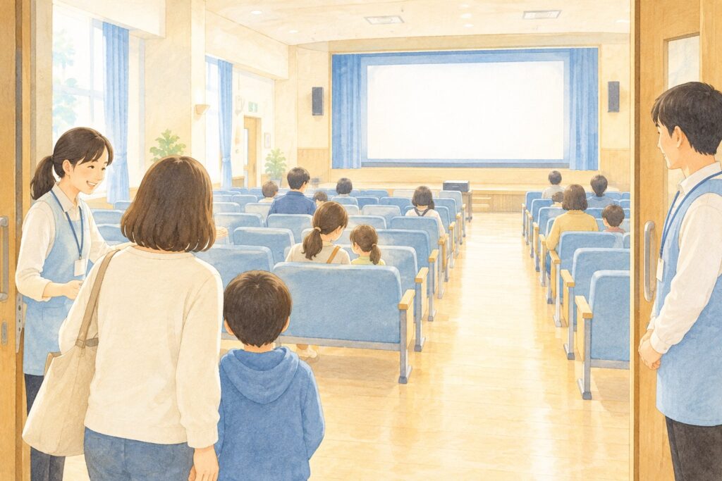 公民館で親子が映画を楽しむファミリー向け映画上映会のイメージ